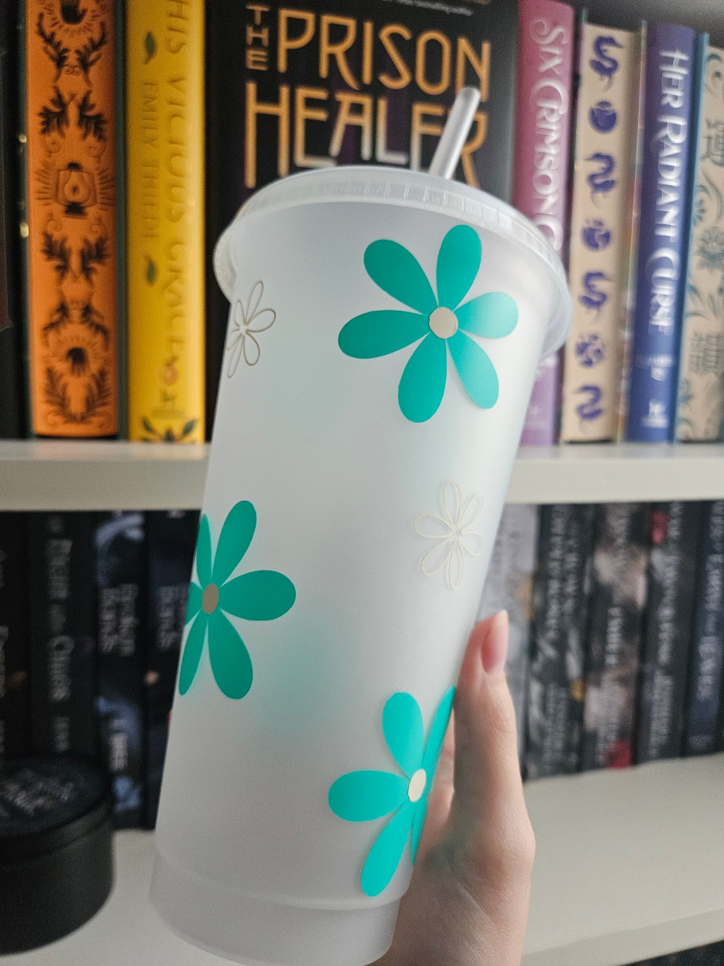 Turquoise And White Flower Frosted Cold Cup